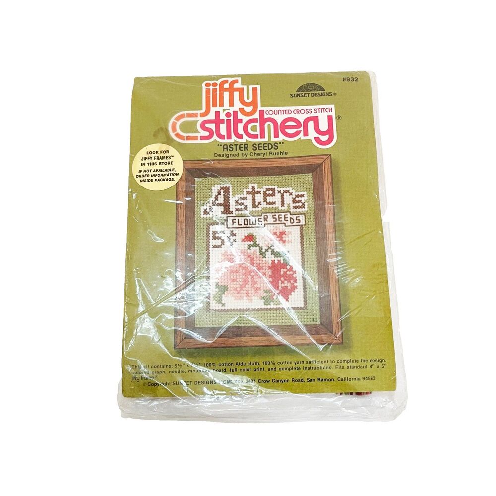 Vintage Jiffy Stitchery “Aster Seeds” Counted Cross Stitch Kit #932 Garden NOS